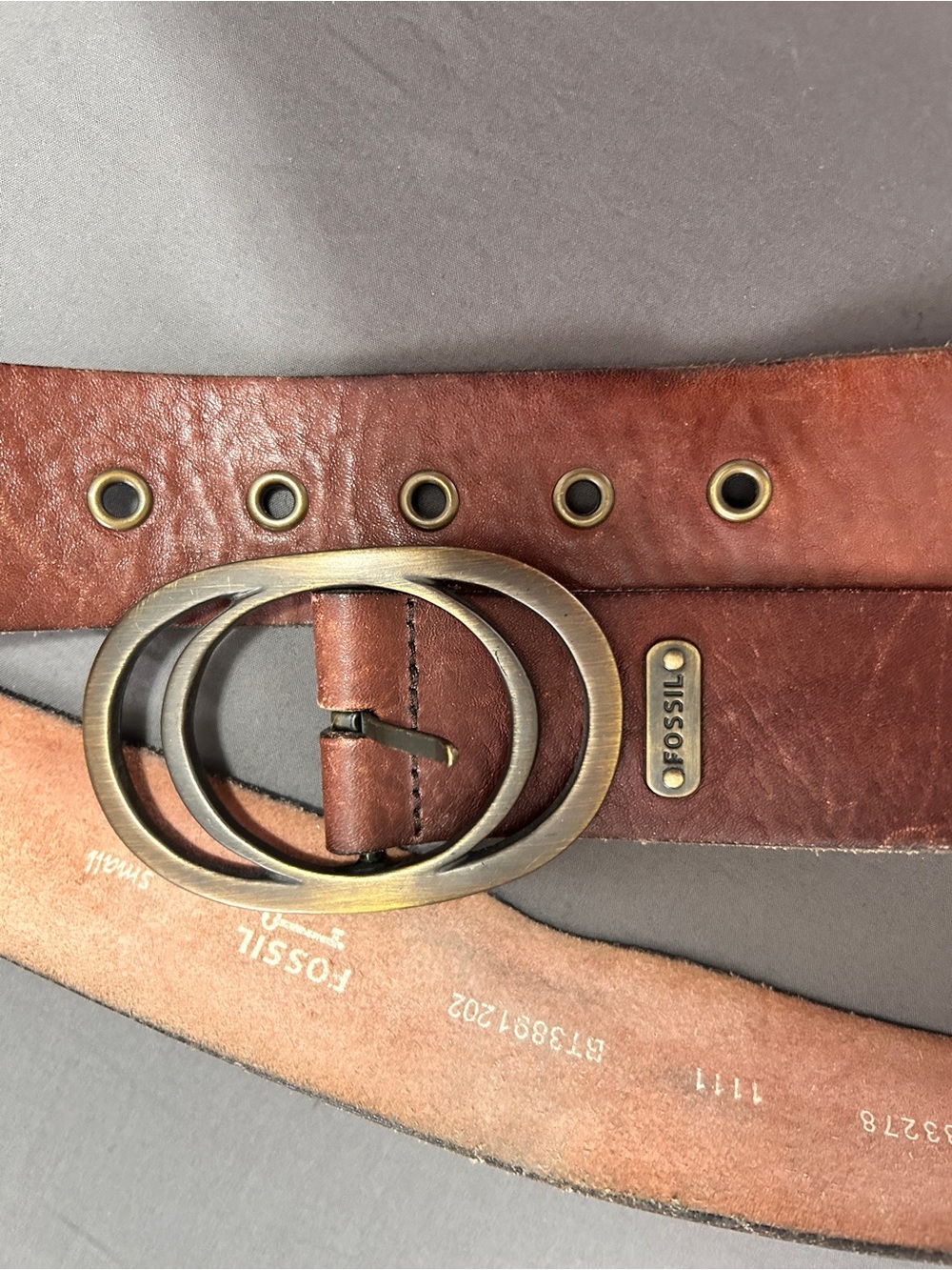 Fossil Brown Leather Belt Double Ring Buckle Womens Small Boho Rustic Casual